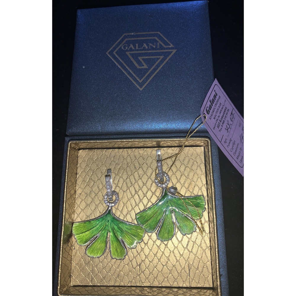STUNNING GALANI STERLING SILVER HOT ENAMEL 925 EARRINGS GINGKO LEAF RUSSIAN